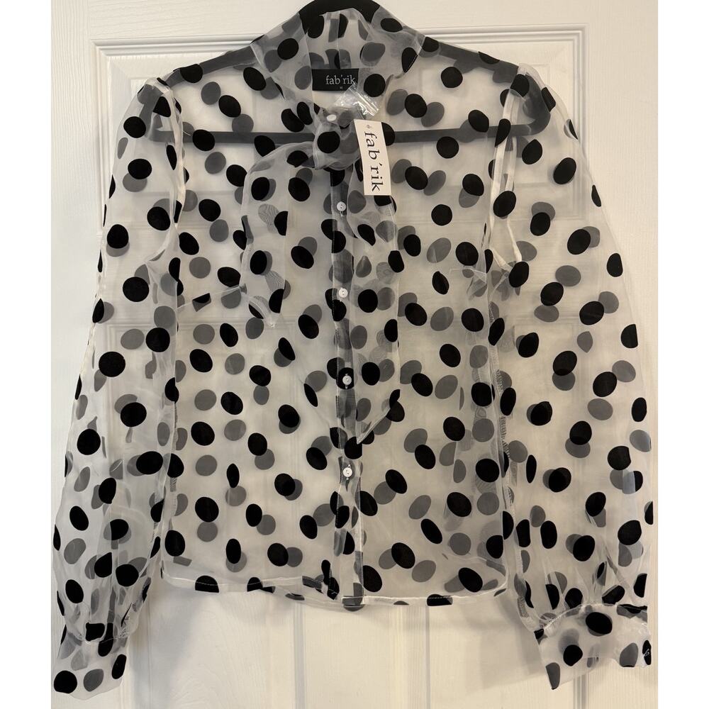 Fab’rik NWT Sheer Blouse White Black Polka Dots Sz MED‎ Tie Formal Holiday Party